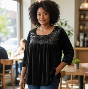 3X Notations Elegant Black Velvet Sequin Women's Top